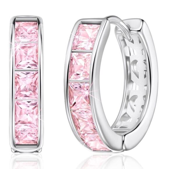 14K White Gold with Pink Sapphire Cubic Zirconia Princess Cut Huggie Earrings - Picture 1 of 5